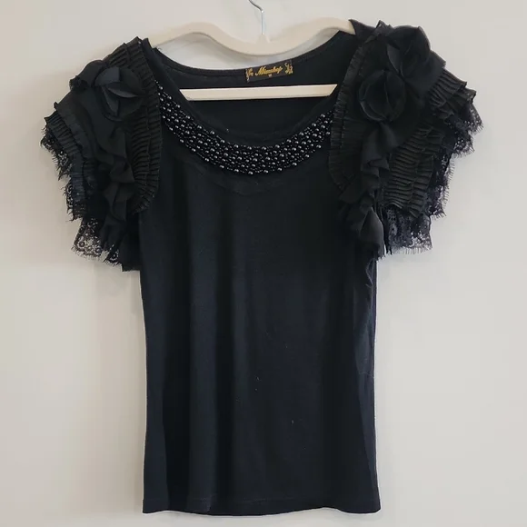 Chic Black Ruffled Women's Blouse - Picture 1 of 4